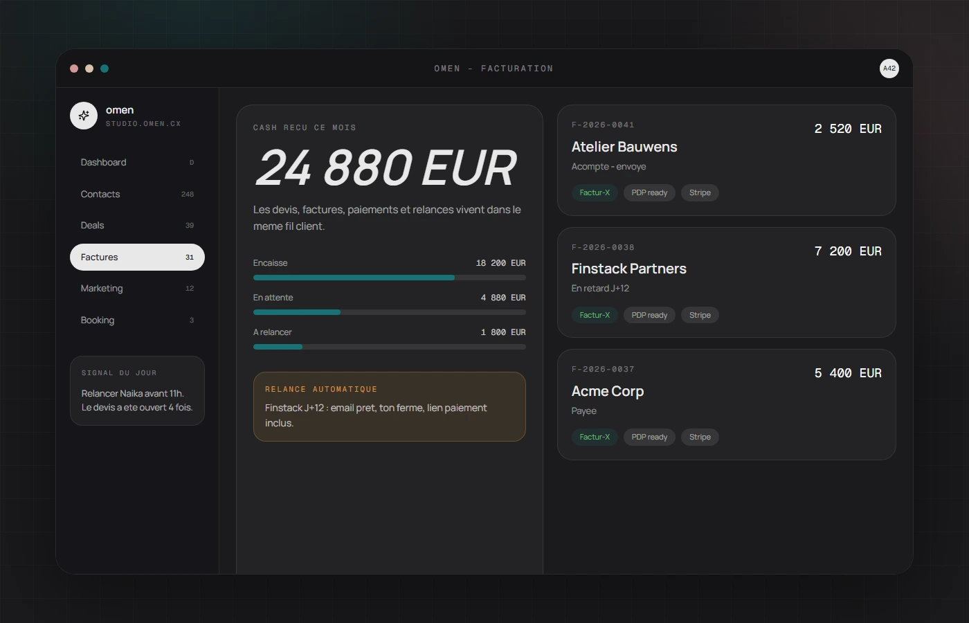 Mockup Omen du centre facturation, cash et relances.