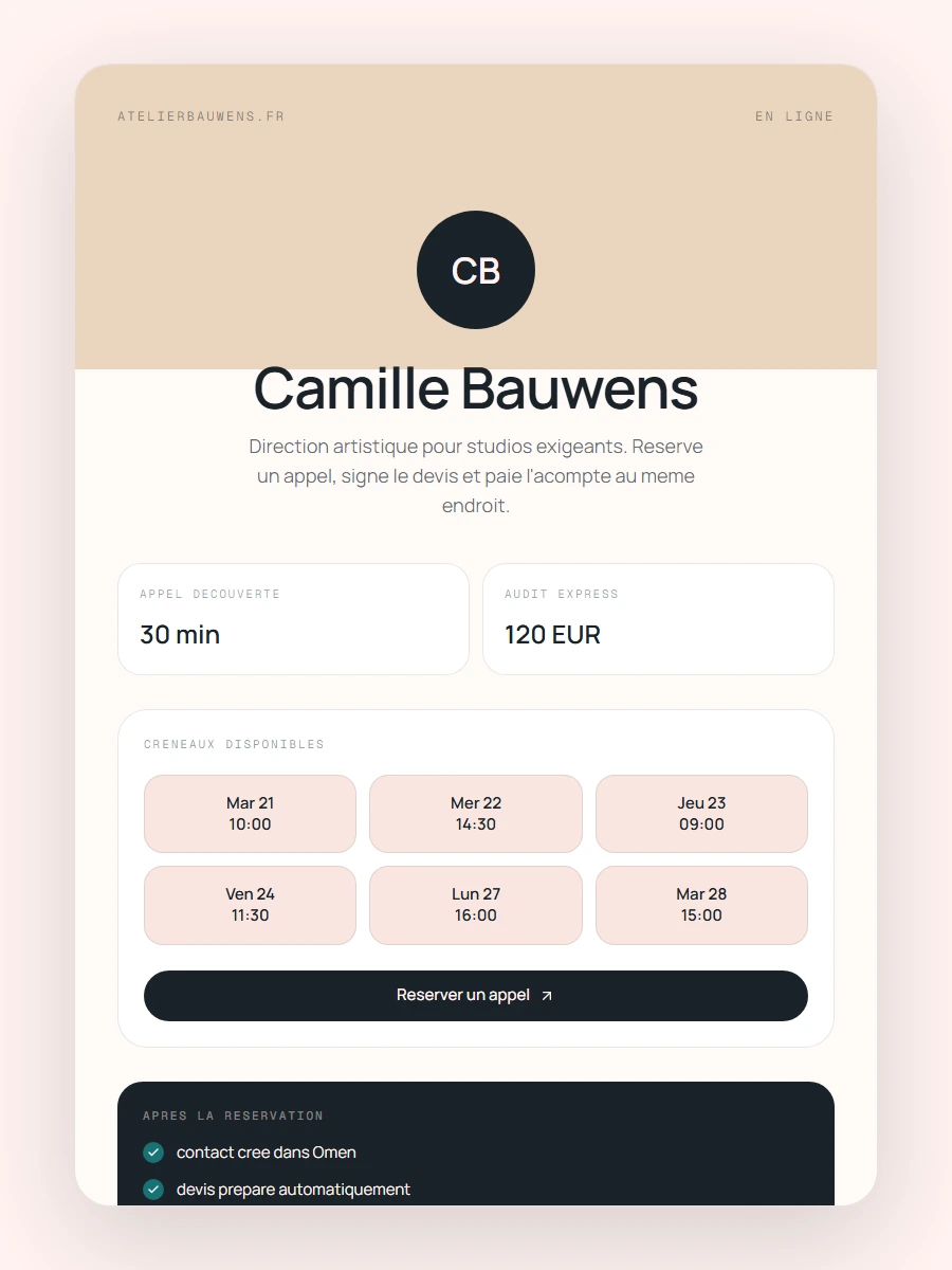 Mockup Omen d'une page booking publique reliée au CRM.